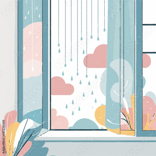 Rainy Day Scene with Serene Clouds and Falling Raindrops.
