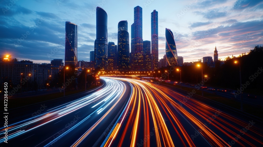 Fototapeta premium Cityscape featu vibrant light trails and modern skyscrapers illuminated against the dusky evening sky.