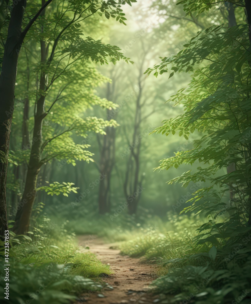Fototapeta premium Soft, blurry green leaves create an ethereal, out-of-focus forest backdrop , trees, element, canopy