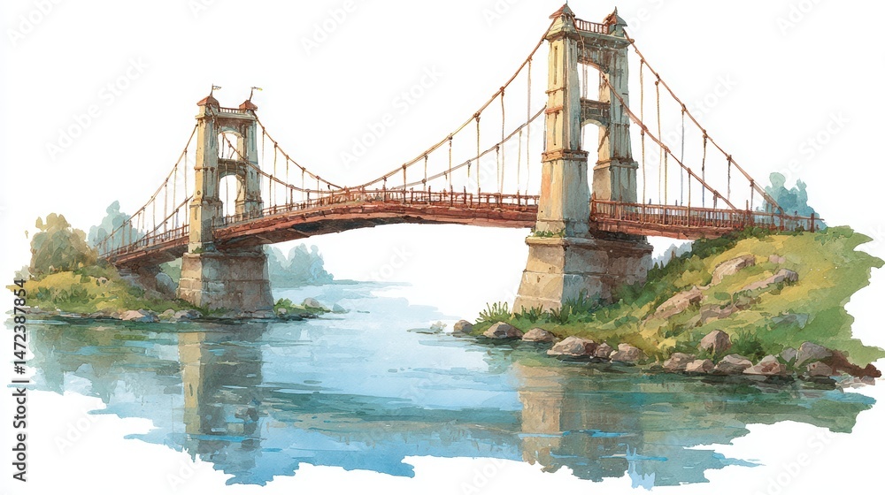 Fototapeta premium Watercolor painting of bridge on white background