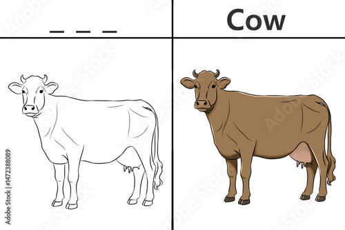 Cow coloring pages for kids and learn to recognize letters, animal recognition cards media for various games in early childhood learning