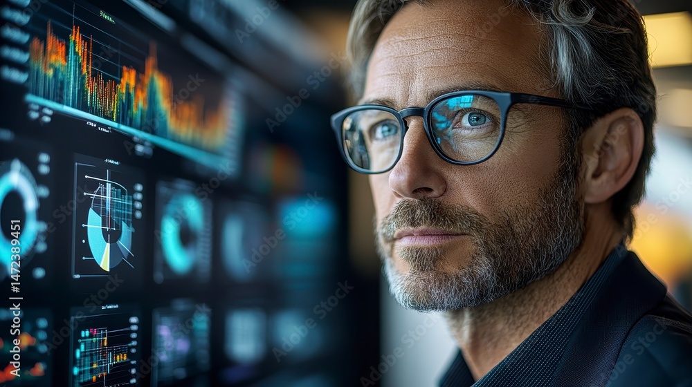 Man analyzes digital graphs with thoughtful expression Man analyzes digital graphs with thoughtful expression
