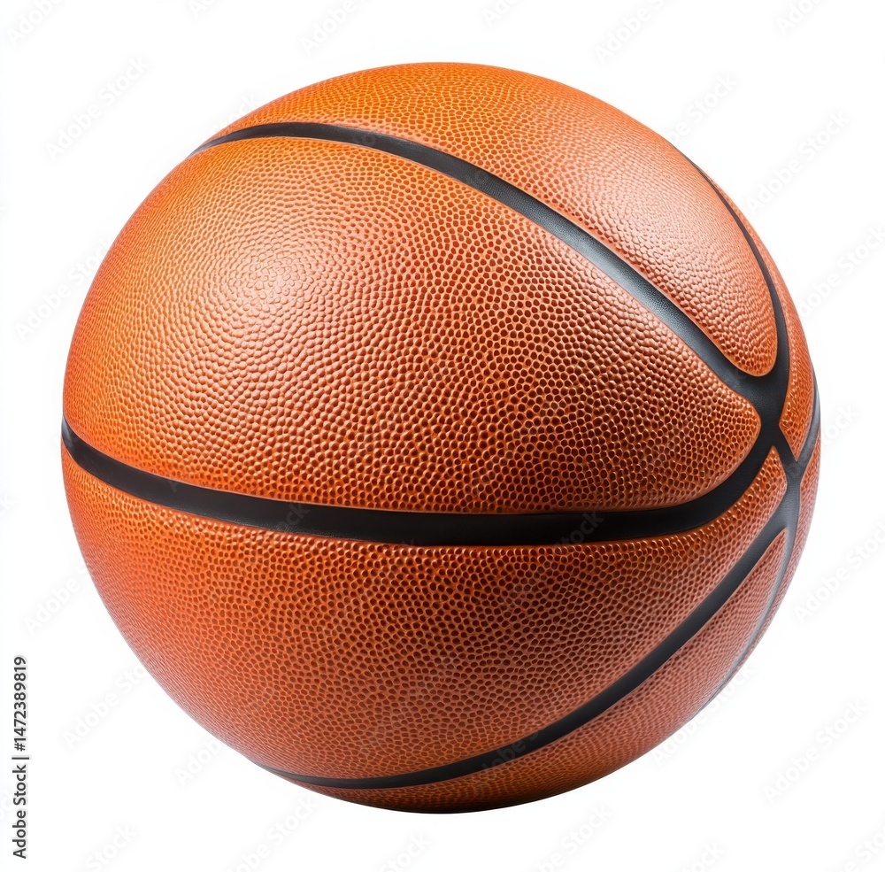 Obraz premium Close-up view of a classic orange basketball with black lines, showcasing its textured surface and the details of its design. Perfect for sports, fitness, or game-related projects. : Generative AI