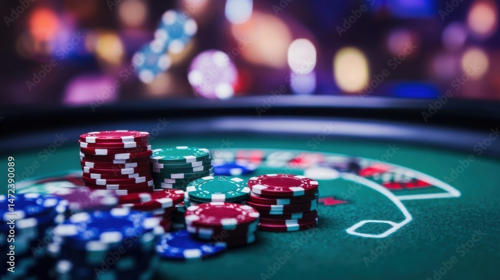 Close-up view of stacks of red, green, and blue casino poker chips on a green felt roulette table, with a blurred casino background. : Generative AI Close-up view of stacks of red, green, and blue casino poker chips on a green felt roulette table, with a blurred casino background. : Generative AI