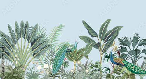 Tropical Garden Illustration, Mughal Garden, Mughal Garden Illustration, Peacock, Wallpaper.
