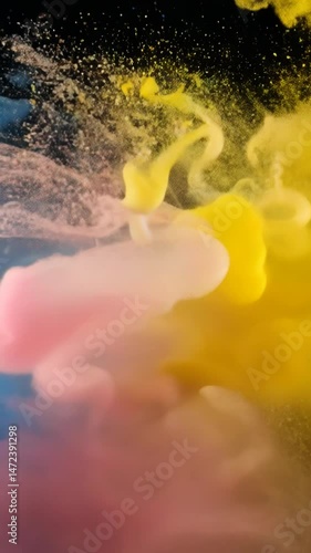 Yellow and pink paint explosion in dark liquid with blue accents. Pigments disperse creating flowing tendrils evolving from compact to expansive state.