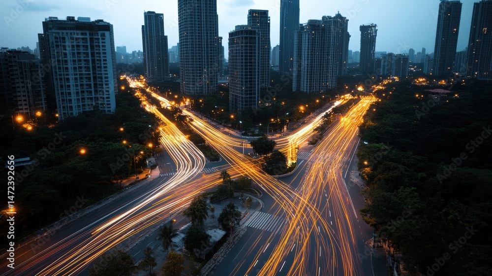 Long exposure captures light trails on highways leading to a modern cityscape at dusk or early evening. Long exposure captures light trails on highways leading to a modern cityscape at dusk or early evening.