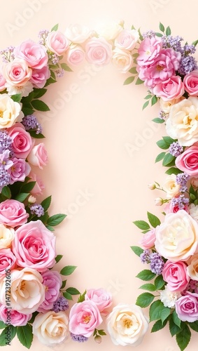 Wallpaper Mural Digital floral arch with pastel roses, peonies, and hydrangeas on a soft beige background. Semi-circle layout, lush and romantic, with soft lighting and a warm, delicate atmosphere.

 Torontodigital.ca