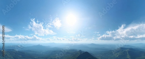 Panoramic view of a vast mountain range under a bright, sunny sky with scattered cumulus clouds, offering a serene and peaceful landscape. : Generative AI