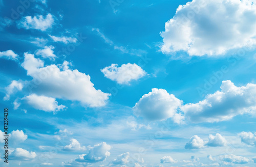 A vibrant summer sky filled with fluffy cumulus clouds against a deep blue canvas, creating a serene and peaceful atmosphere. : Generative AI