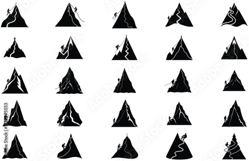 25 of Hill Climbers Silhouette – Vector Illustration of Hikers, Trekkers, and Adventurers Ascending Mountains for Outdoor, Travel, Fitness, and Nature Exploration Design Projects