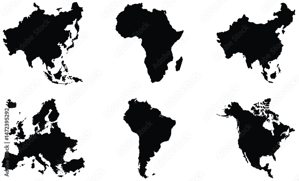 Obraz premium Maps of Asia, Africa, and America – Vector Set of Continents with Country Borders, Geographic Shapes, and Political Outlines for Educational, Infographic, and Travel Design Projects