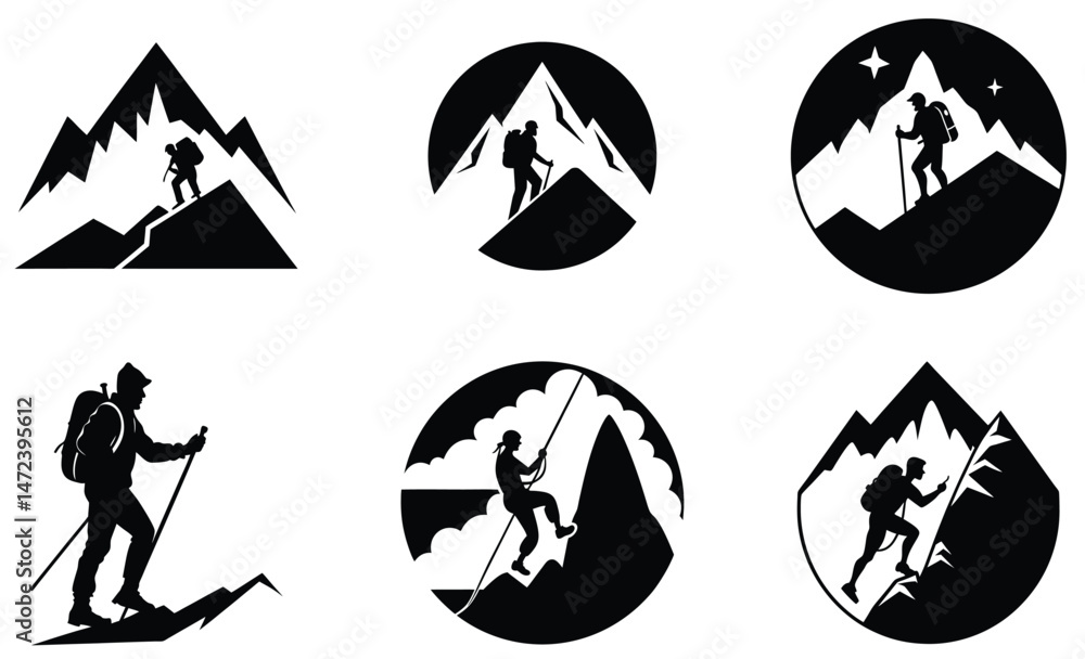 Fototapeta premium Hill Climbers Silhouette – Vector Illustration of Hikers, mountain, Trekkers, and Adventurers Ascending Mountains for Outdoor, Travel, Fitness, and Nature Exploration Design Projects