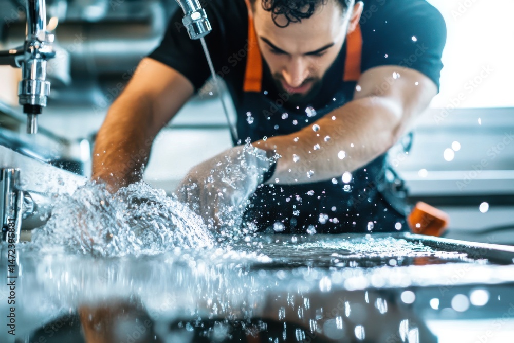 Obraz premium Male plumber in black shirt working on a sink, water splashing around, showcasing plumbing skills and expertise in a modern kitchen environment with bright lighting