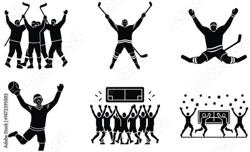 Ice Hockey Winning Moment Silhouette – Vector Illustration of Victory Celebration, Player Triumph, Raised Sticks, and Team Emotion for Sports, Competition, and Athletic Design Projects