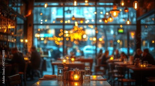Busy urban restaurant at night, warm lighting, city view blurred background