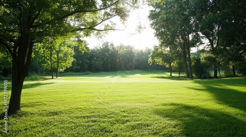 Wallpaper Mural Sunlit golf course fairway with lush green grass and tall trees casting shadows on a summer morning. : Generative AI Torontodigital.ca