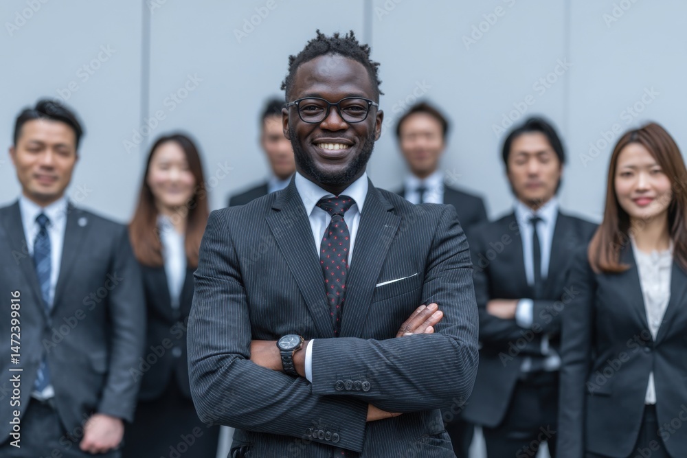 Confident African American businessman stands proudly, arms crossed, in front of a diverse team of colleagues in business suits, showcasing leadership and teamwork. : Generative AI Confident African American businessman stands proudly, arms crossed, in front of a diverse team of colleagues in business suits, showcasing leadership and teamwork. : Generative AI