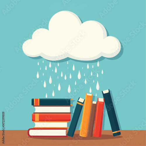 Colorful books under a rain cloud in a whimsical style for education, e-learning platforms, or library promotions