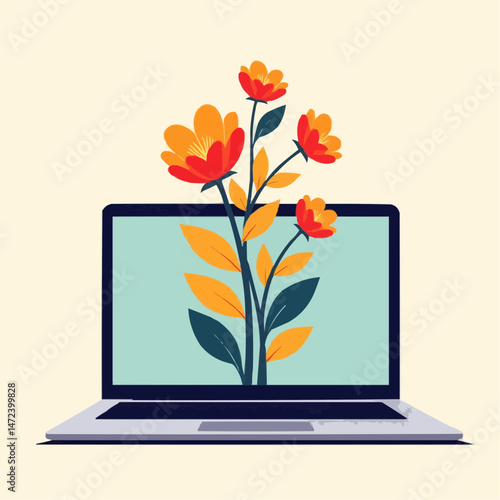 Laptop with vibrant flowers blooming from screen, perfect for digital wellness, remote work guides, or online courses  