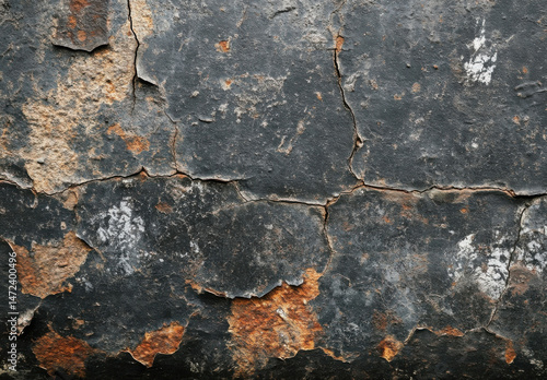 A detailed close up of dark, cracked paint reveals rusty orange undertones and aged texture, ideal for grunge or industrial design projects. : Generative AI