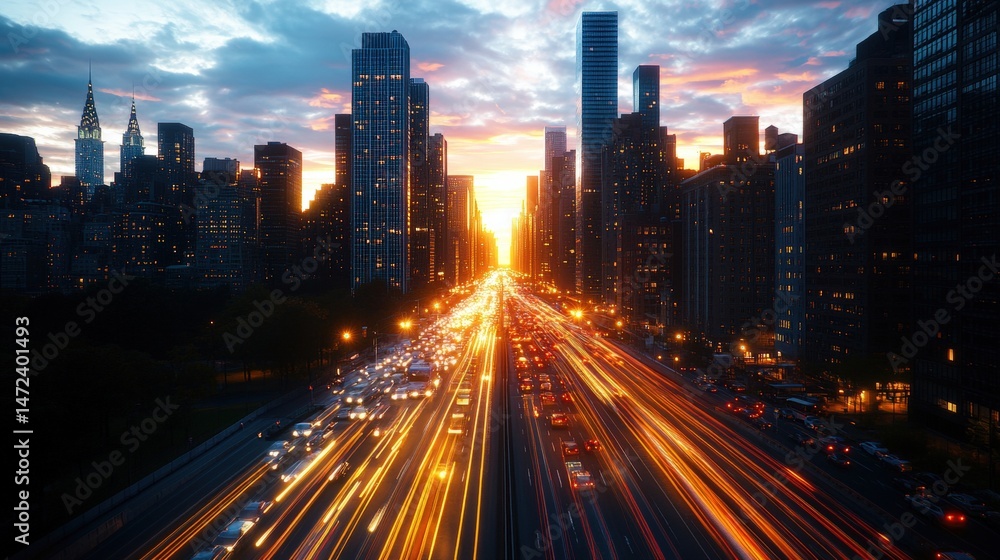 Long exposure captures light trails of cars streaming through Manhattan skyscrapers at sunset in New York. Long exposure captures light trails of cars streaming through Manhattan skyscrapers at sunset in New York.