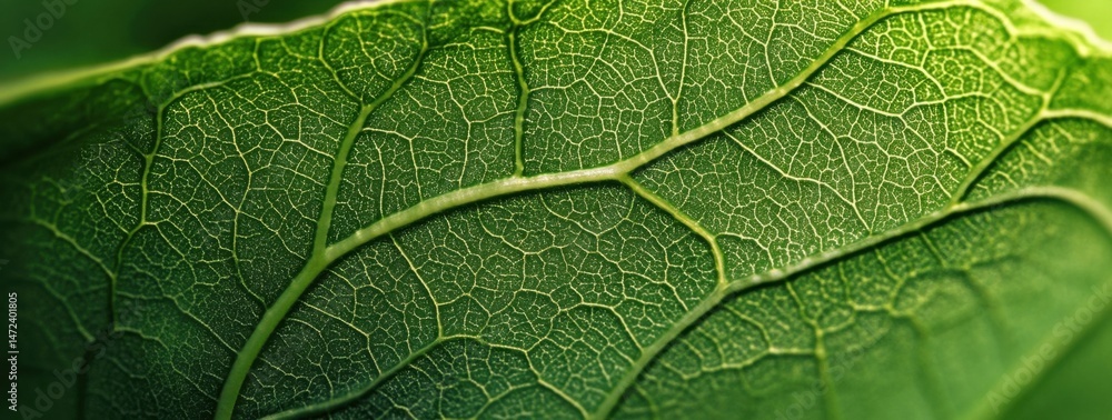 Obraz premium Close-up view of a vibrant green leaf's intricate vein network, showcasing nature's detailed artistry and organic texture. : Generative AI