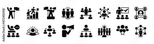 Leadership icon vector set. Containing leader, guide, guidance, mentorship, coaching, organization, hierarchy, manager, campaign, collaboration, confidence, motivation. Illustration