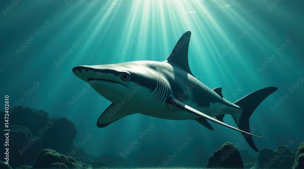 Naklejka premium Majestic shark swimming under sunlit ocean depths.