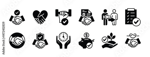 Commitment icon vector set. Containing agreement contract handshake, collaboration, athletics, activity list, on time, save money, deposit, competent, behavior, integrity, security. Illustration