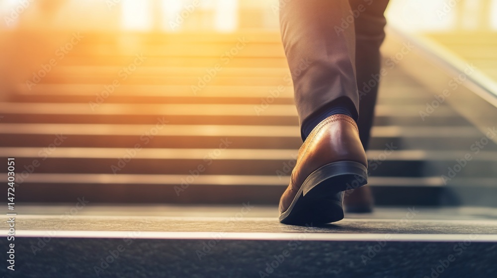 Fototapeta premium Businessman ascending stairs, focused on progress and success