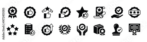 Quality control icon vector set. Containing value, star, thumb up, premium, review, rate, award, best, favorite, good, certification, evaluation, stamp, satisfaction, service, support. Illustration