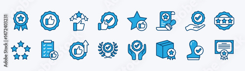 Set of quality control icon. Containing value, star, thumb up, premium, review, rate, award, best, favorite, good, certification, evaluation, stamp, satisfaction, service, support. Vector illustration