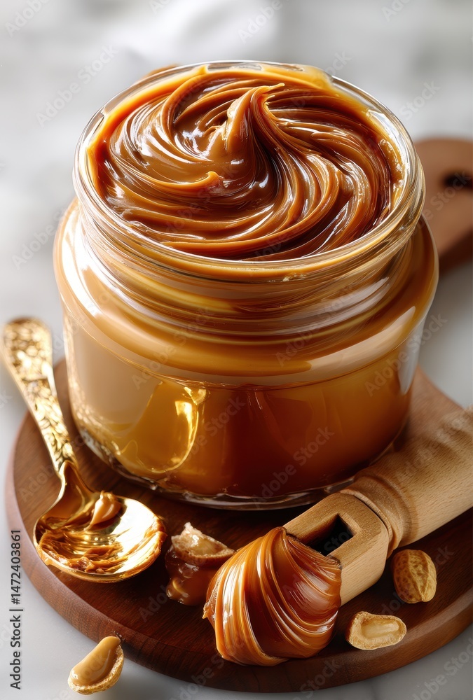Rich and Creamy Caramel Sauce in a Glass Jar with Swirls and Spoons on a Wooden Board, Perfect for Baking and Dessert Toppings Rich and Creamy Caramel Sauce in a Glass Jar with Swirls and Spoons on a Wooden Board, Perfect for Baking and Dessert Toppings