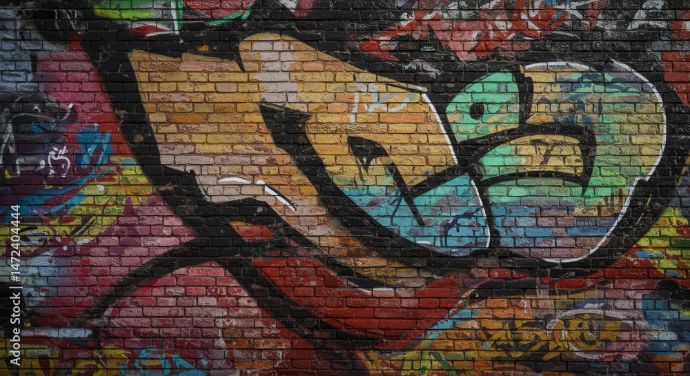 Obraz premium Colorful urban graffiti art on brick wall featuring vibrant patterns and intricate designs.