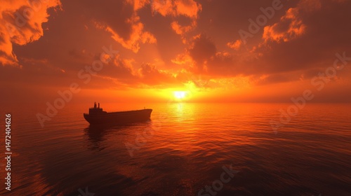 Fiery Sunset over Calm Ocean with Cargo Ship