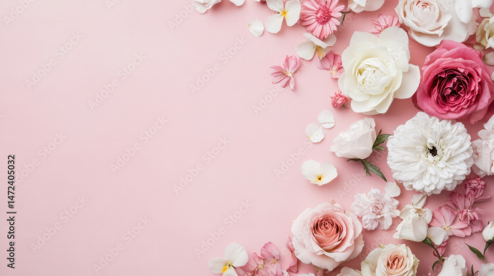 Pink and white flower arrangement on a pale pink background, perfect for wedding invitations or feminine designs. Delicate petals and blossoms create a romantic, elegant aesthetic. : Generative AI Pink and white flower arrangement on a pale pink background, perfect for wedding invitations or feminine designs. Delicate petals and blossoms create a romantic, elegant aesthetic. : Generative AI