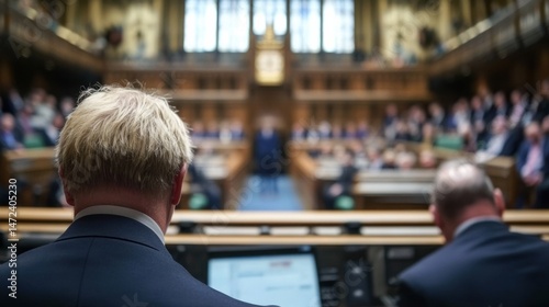 A politician's back is shown, addressing a large audience in a wood-paneled chamber, possibly parliament, with blurred figures in the background. : Generative AI