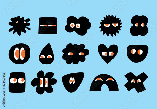 Set of Various black Doodle shapes with face emotions in cartoon style. Different geometric figures. Hand drawn trendy Vector illustration for kids. Cute funny characters, all elements are isolated.