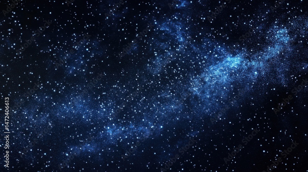 Fototapeta premium A mesmerizing digital depiction of a night sky, showcasing a dense scattering of stars and nebulae in shades of deep blue and black, ideal for cosmic-themed designs. : Generative AI