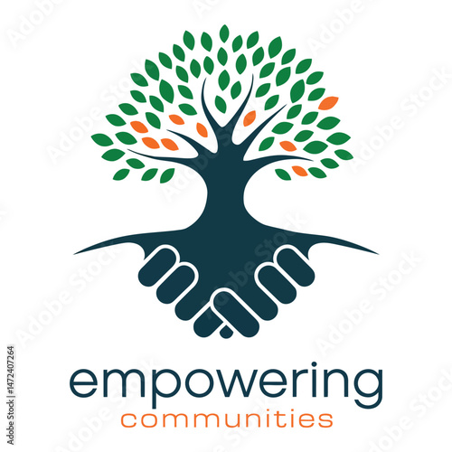A stylized tree nestled in clasped hands, with "empowering communities" below.

