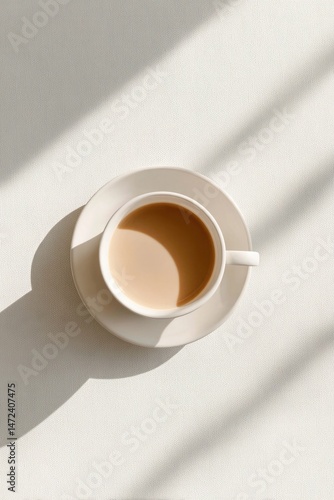 Minimalist coffee cup casting soft shadows, highlighting warm to