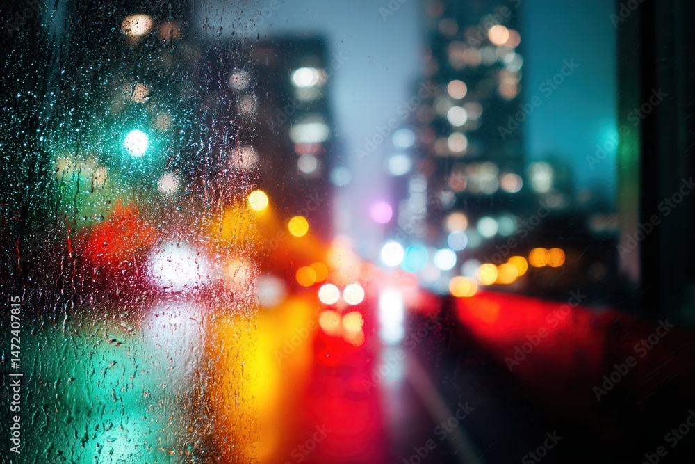 Fototapeta premium Rainy city street with blurred lights creating bokeh effect nighttime