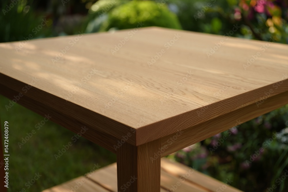 Fototapeta premium Empty Wooden Table Top with Natural Grain Texture and Blurred Summer Garden Background