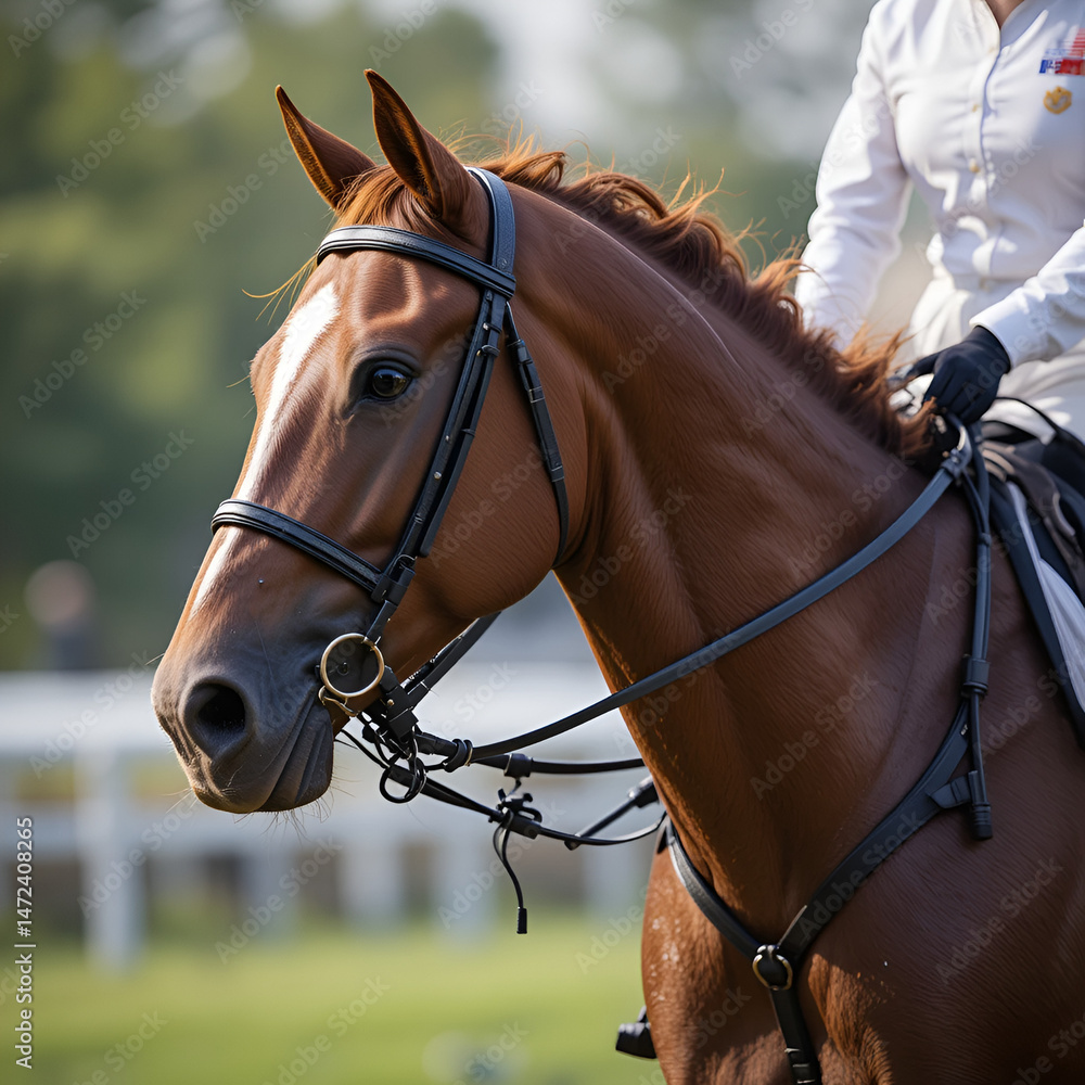 Fototapeta premium Side view close up of chestnut horse in harness with female rider jockey in hat helmet and white uniform with bridle stack and boots