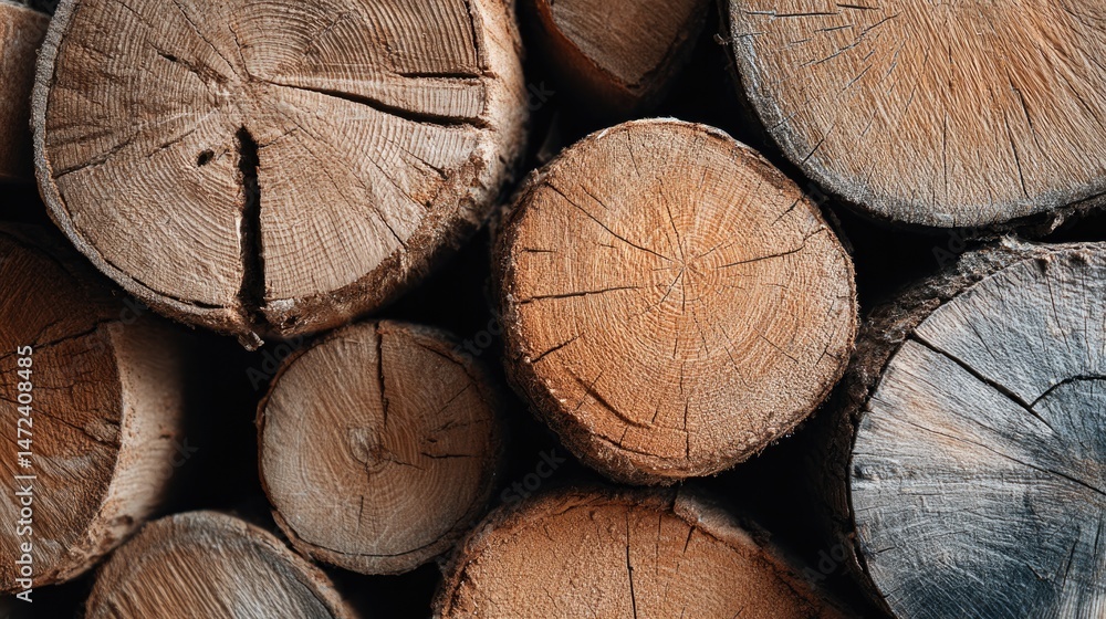Naklejka premium Wooden logs stacked closely, showcasing unique textures and natu