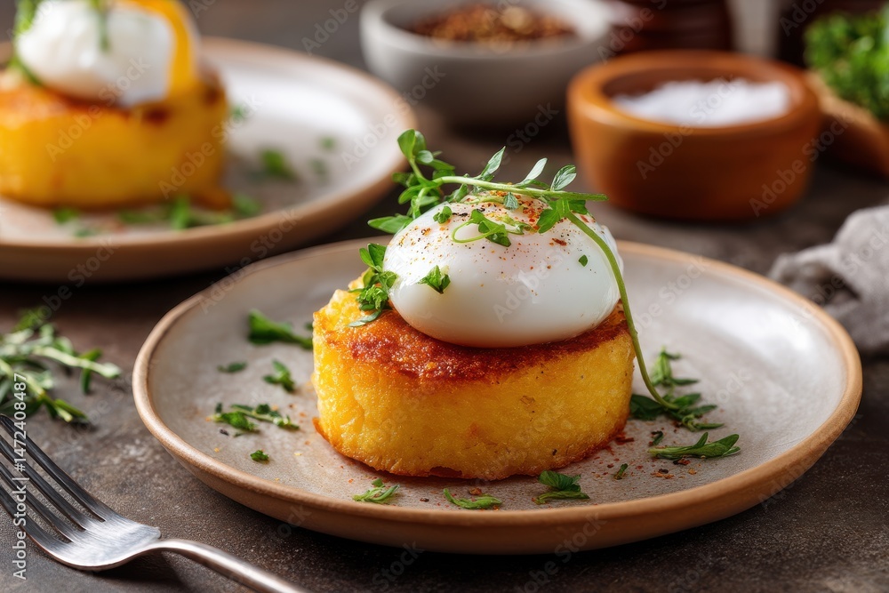 Gourmet poached egg on savory potato cake with fresh herbs. Gourmet poached egg on savory potato cake with fresh herbs.