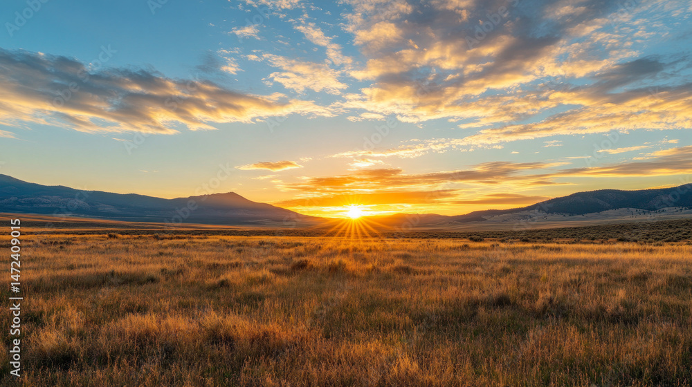 Obraz premium Golden Sunrise Over Mountain Valley and Grassland