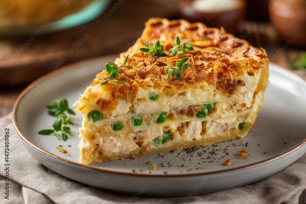 Homemade chicken pot pie slice with crispy crust and peas. Homemade chicken pot pie slice with crispy crust and peas.