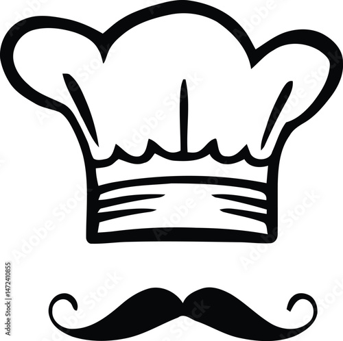 Chef’s Hat and Mustache Silhouette Featuring a Classic Puffy Hat with a Bold, Curled Mustache Below, Embodying Culinary Excellence and Kitchen Mastery
